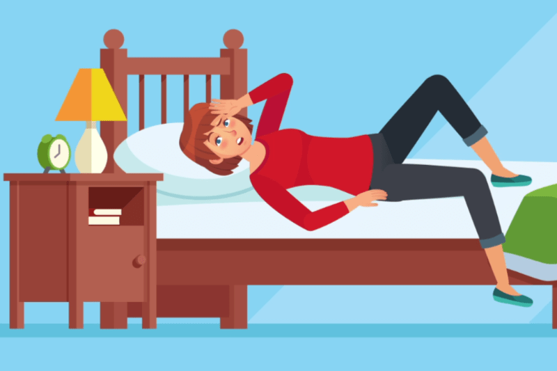 Digital illustration of distraught woman in bed to represent info about making your home more comfortable.