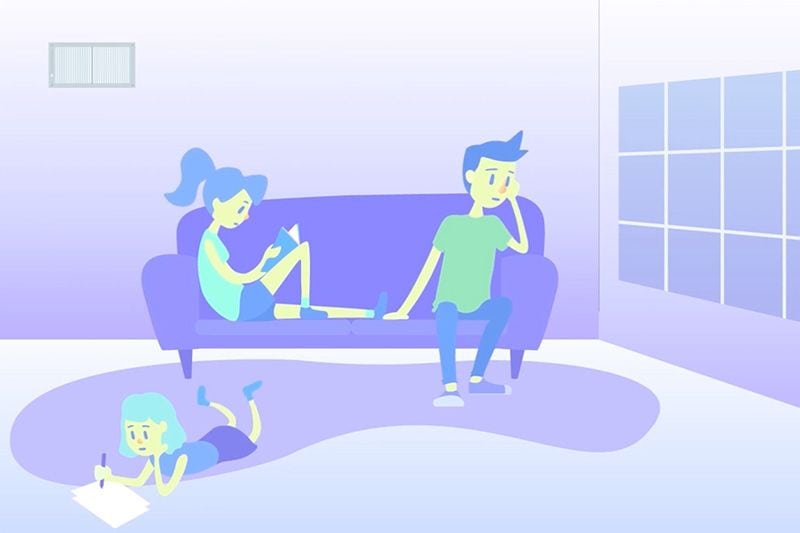 Video - Keep Clean Air During Your Time at Home. Image is an animation made in shades of purple and green only. There is a man and a woman sitting on a couch and there is a small girl laying on her belly on the floor while drawing on a piece of paper.