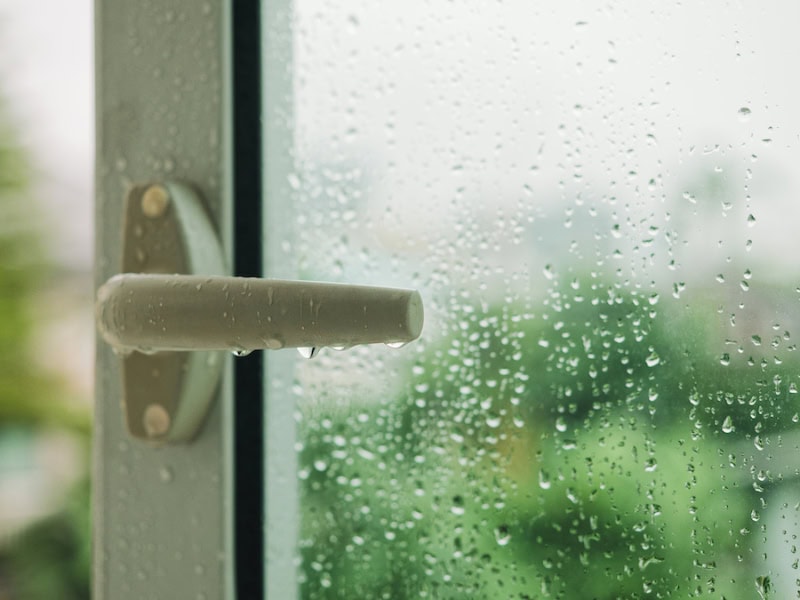 Window handle with condensation due to this Waco, Texas, home's humidity issues.