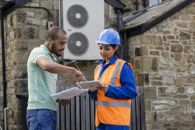Homeowner discussing his heat pump installation with HVAC company in Waco, Texas.