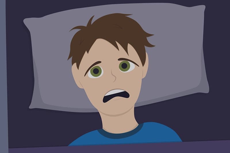 Digital illustration of man struggling to sleep due to noises coming from his HVAC system.