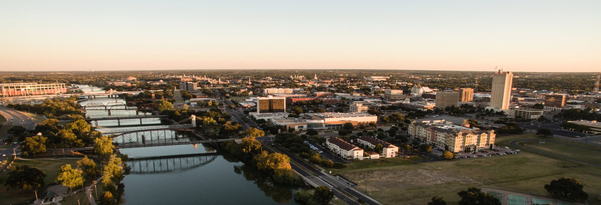 Aerial view of Waco, Texas, and the Brazos River.